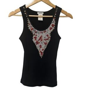 Cache UNIQUE Embellished Tank Top SZ Small Black Chic Beaded Bull Head EUC